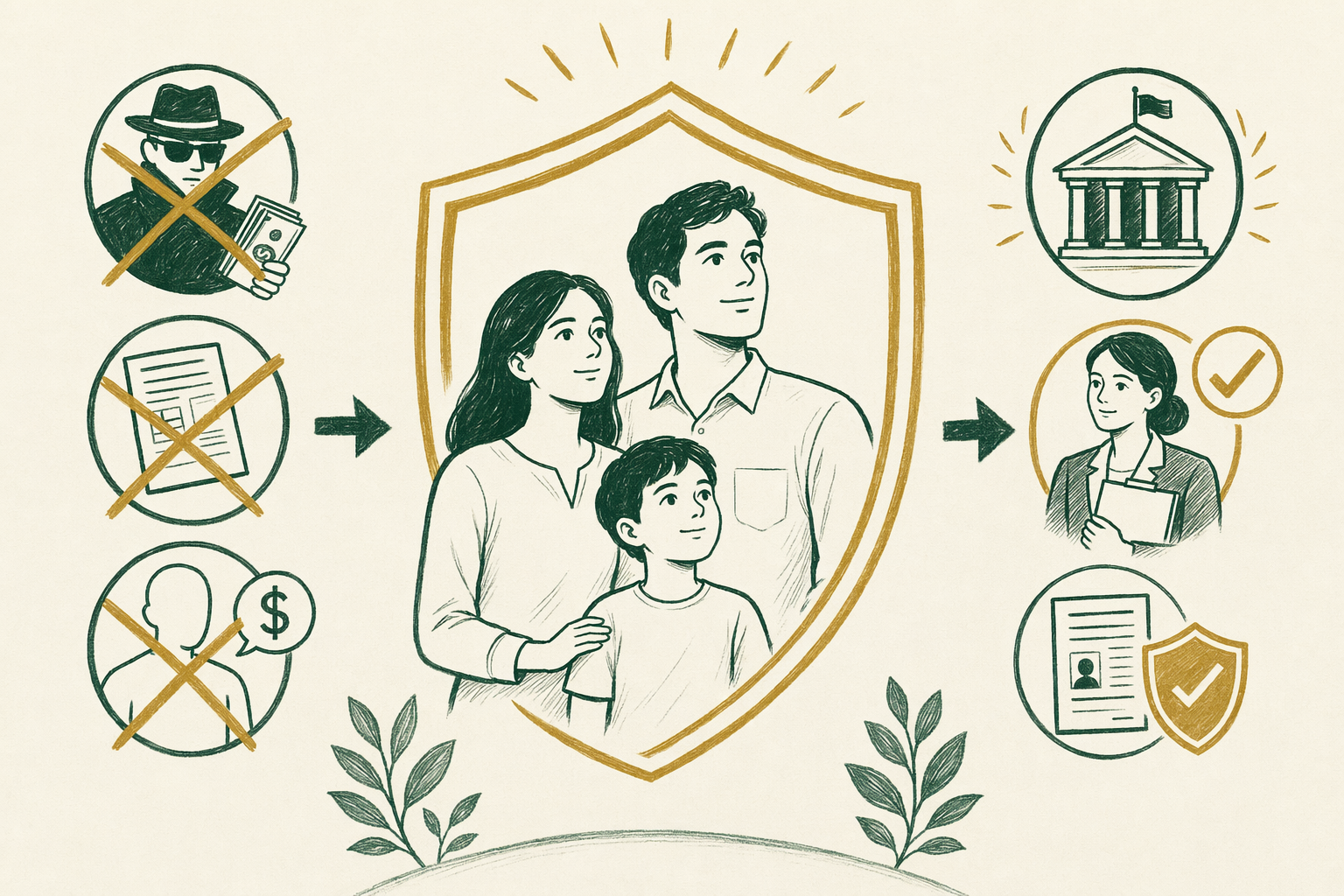 Illustration summarizing: Avoiding Legal and Immigration Scams
