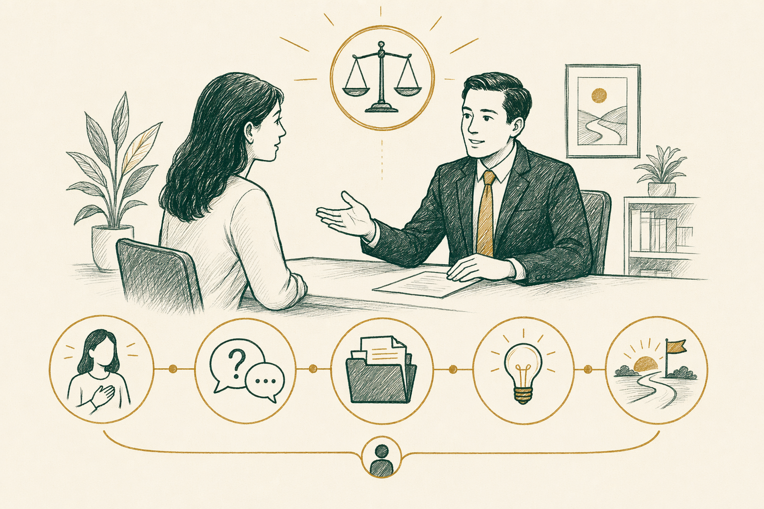 Ilustración resumen: Qué esperar en tu primera reunión con un abogado