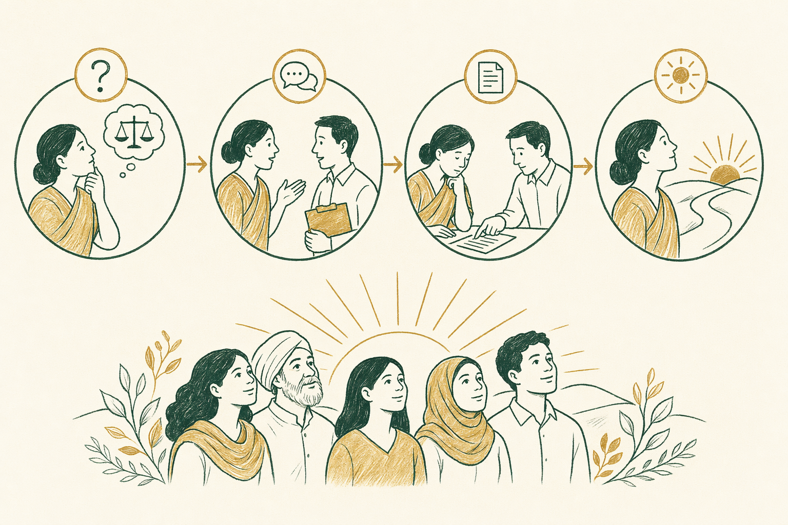رسم توضيحي: الحصول على مساعدة قانونية بلغتك