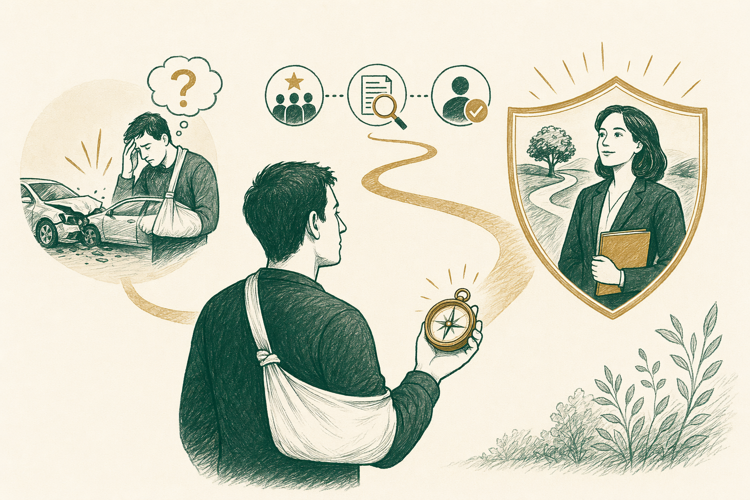 Illustration summarizing: How an Injured Driver Found the Right Lawyer