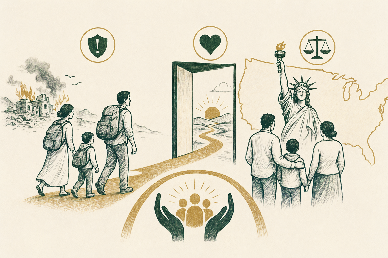 Illustration summarizing: Asylum in the U.S.: The Basics
