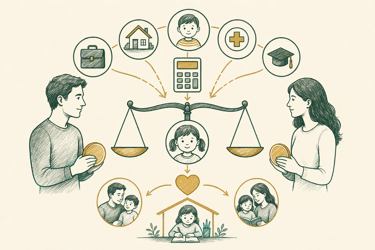 Illustration summarizing: How Child Support Is Decided