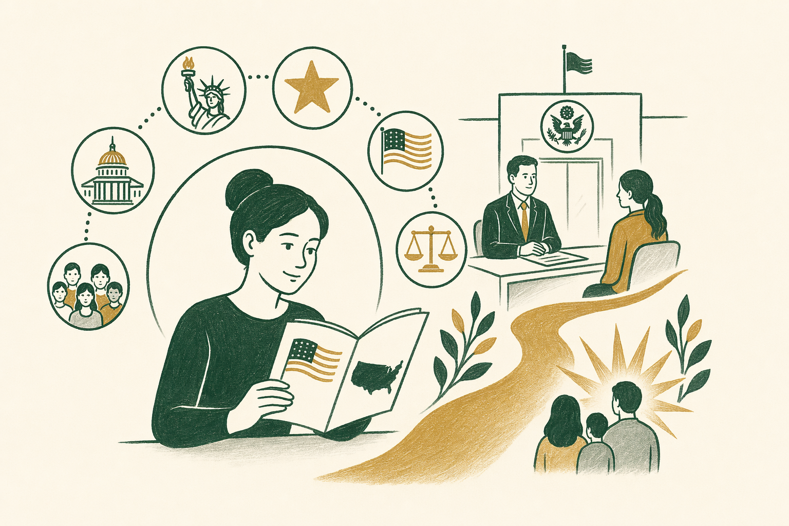 Illustration summarizing: Preparing for the U.S. Citizenship Test and Interview