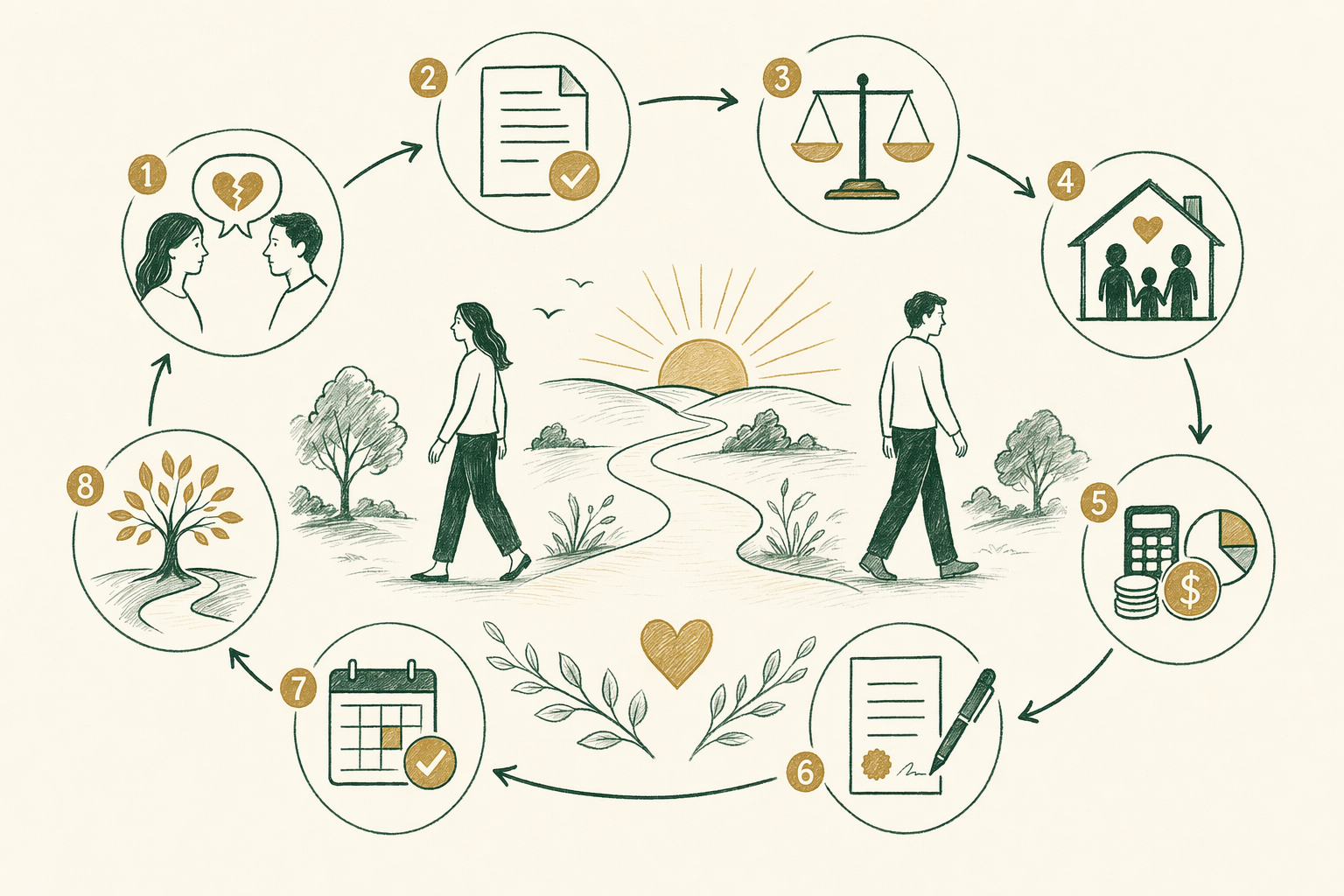 Illustration summarizing: The Divorce Process, Step by Step