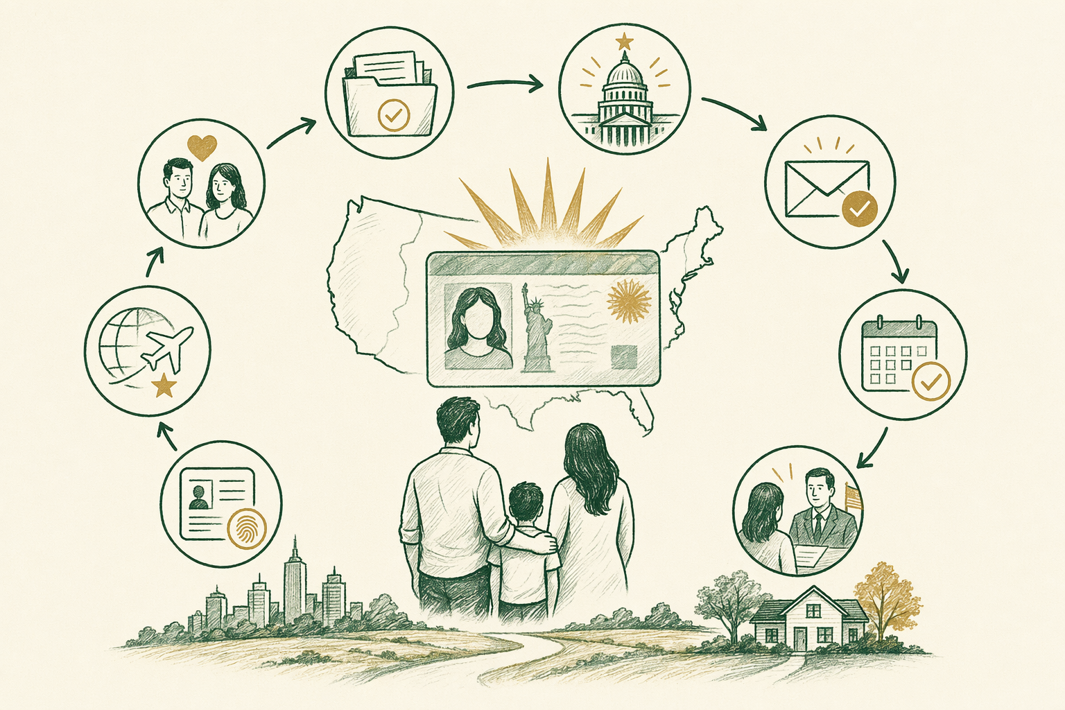 Illustration summarizing: How the Green Card Process Works