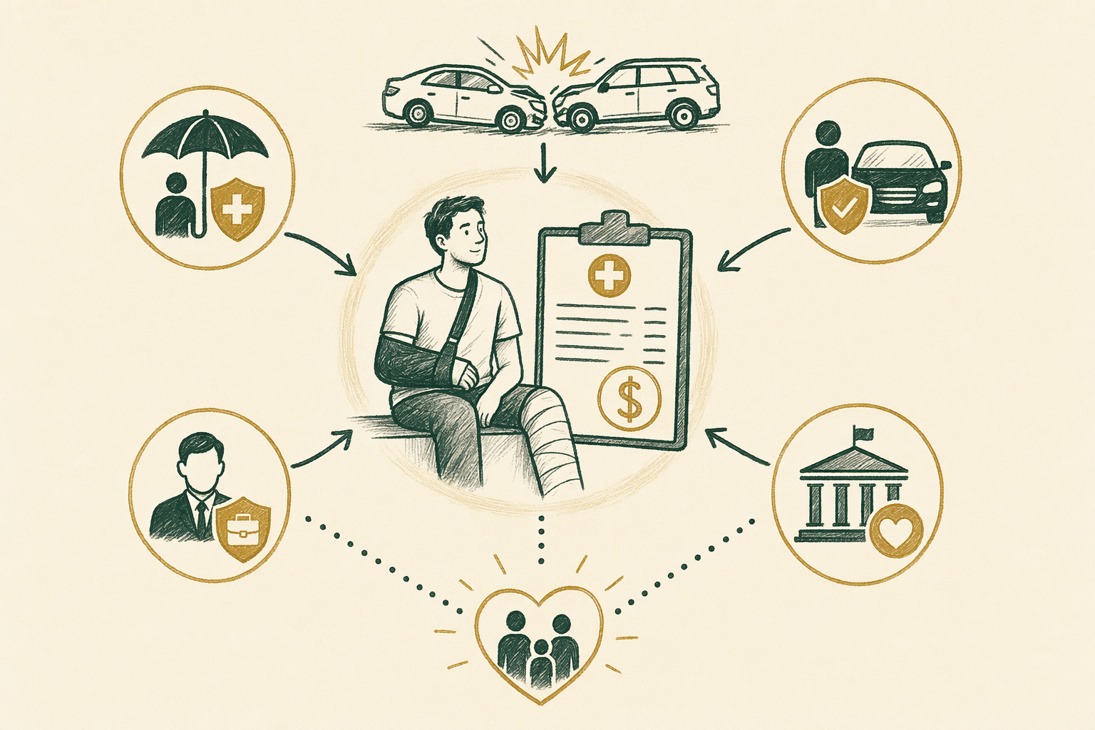 Illustration summarizing: Who Pays Medical Bills After an Accident