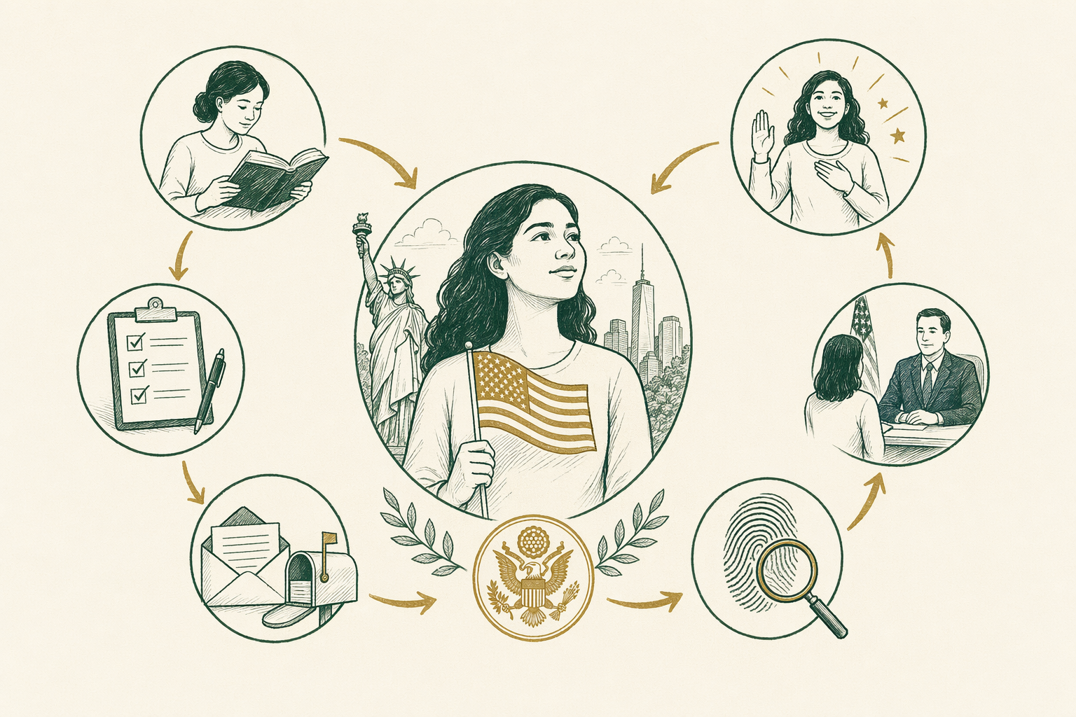 Illustration summarizing: Steps to Become a U.S. Citizen