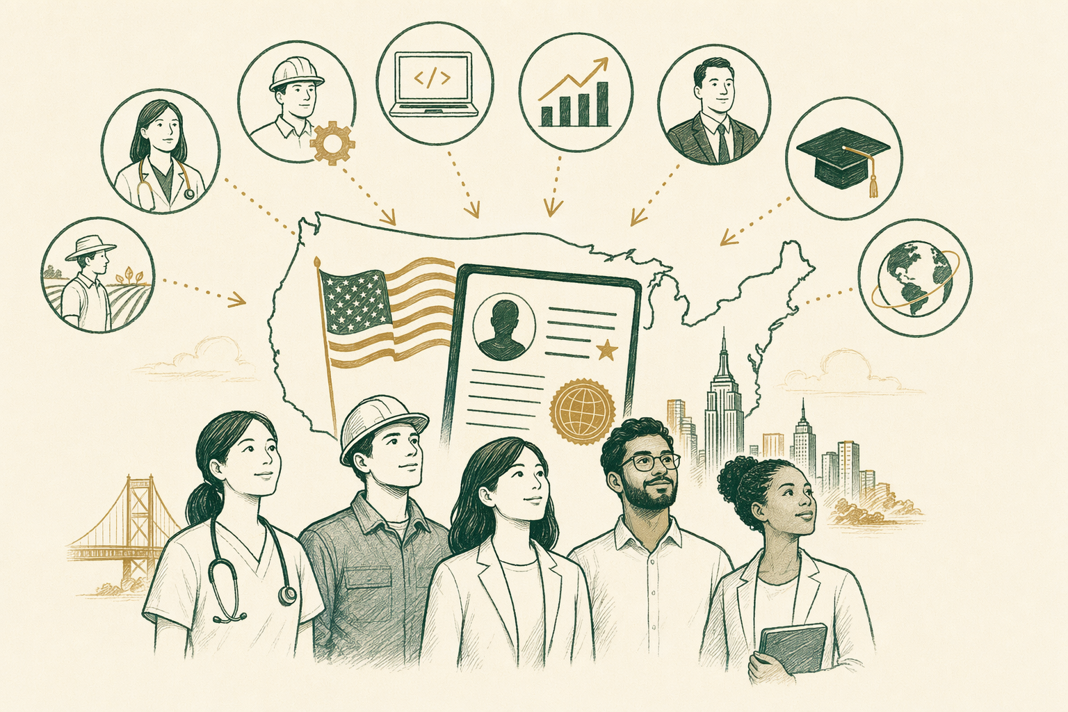 Illustration summarizing: Common U.S. Work Visa Types Explained