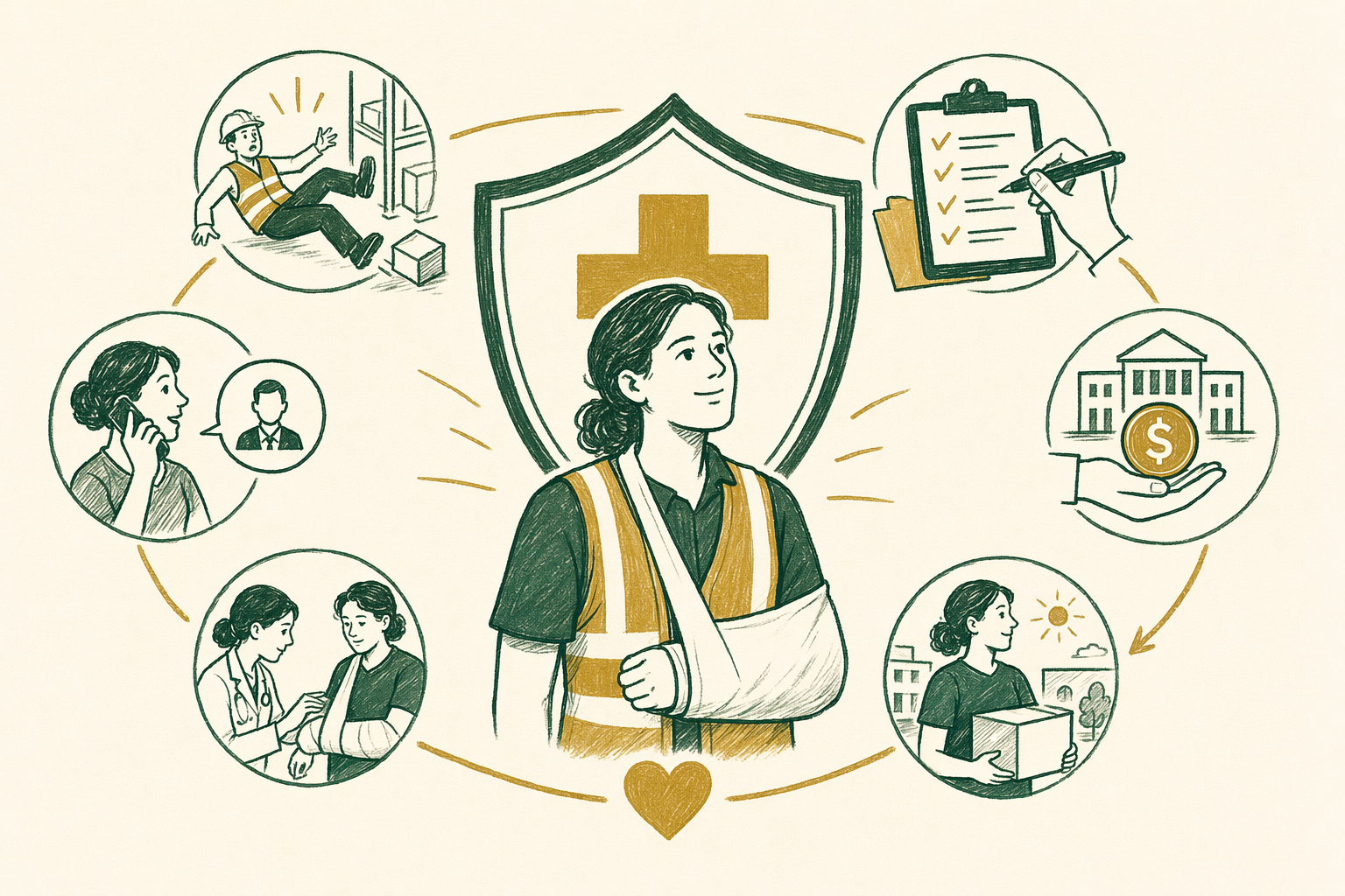 Illustration summarizing: Hurt at Work: Workers' Compensation Basics